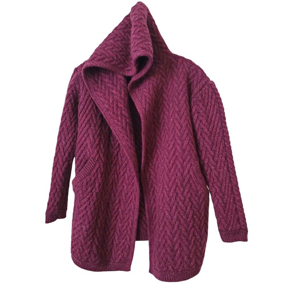 Aran Crafts 100%‎ Merino Wool Hooded Cardigan Sweater XS Made in Ireland HEAVY